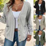 Solid Color Buttons V-neck Loose Long Sleeve Cardigan For Women