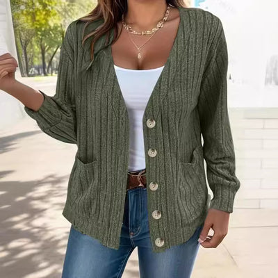 Solid Color Buttons V-neck Loose Long Sleeve Cardigan For Women
