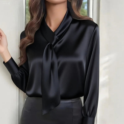 Women's Ribbon Detail Blouse, Lightweight Business Casual Shirt, Elegant Long Sleeve Office Work Top